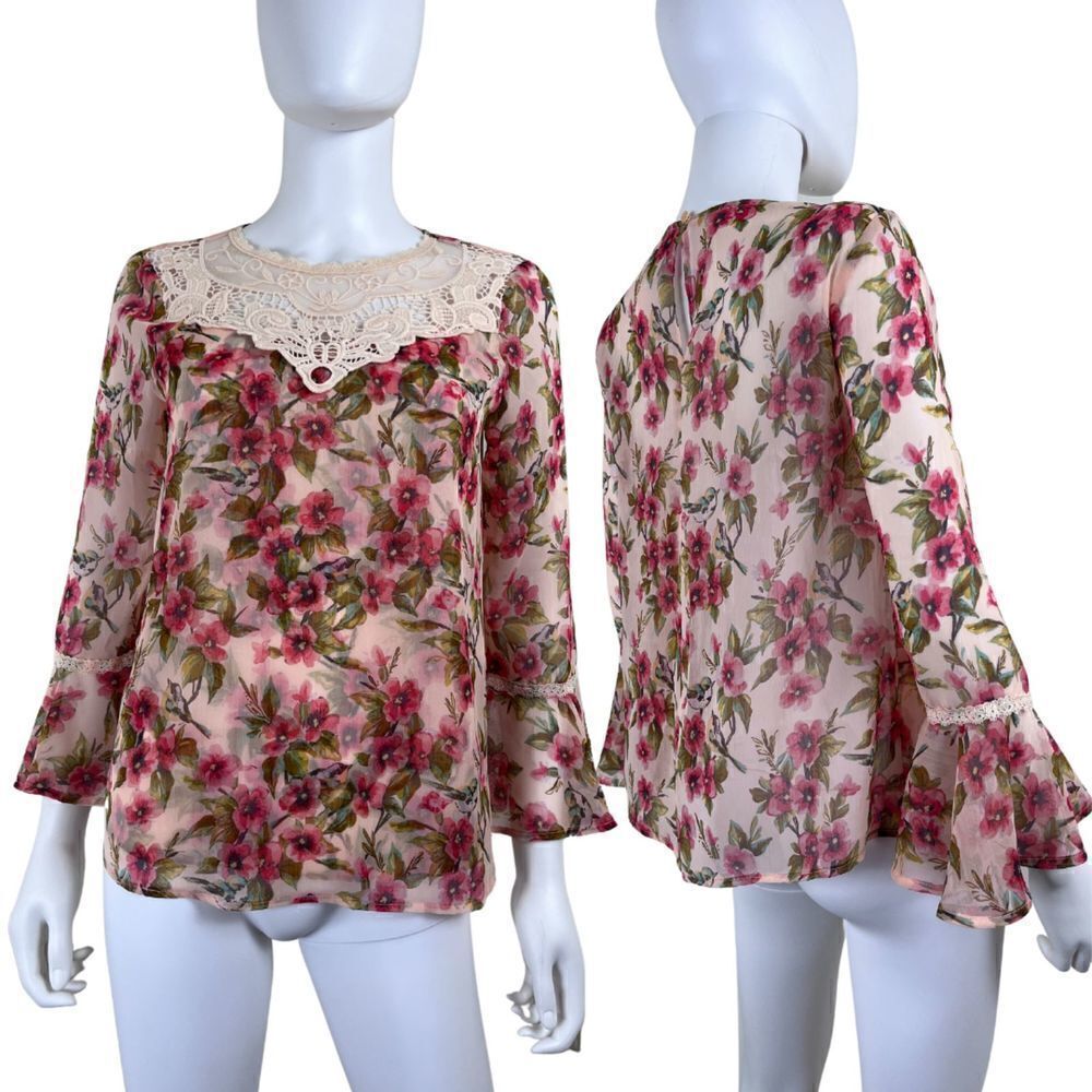 Lauren Conrad Women Size S Snow White Disney Peasant Floral Crochet Sheer Blouse